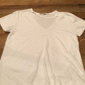 Distressed neck white tee shirt